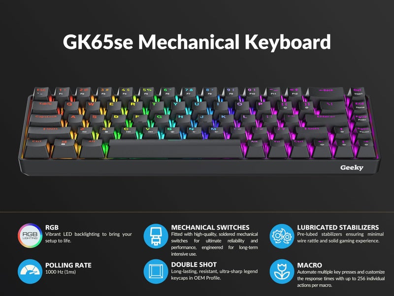 Geeky GK65 SE 65% | Mechanical Gaming Keyboard | 68 Keys Multi Color RGB LED Backlit for PC/Mac Gamer | ANSI US American Layout (Black, Mechanical Speed Silver) - Image 4
