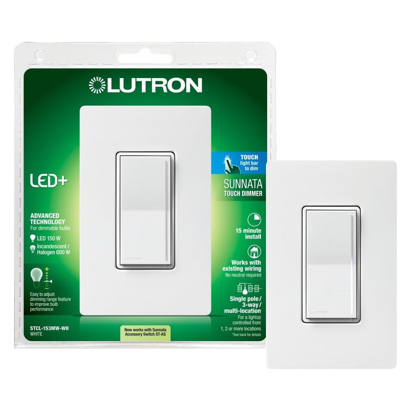 Lutron Sunnata Touch Dimmer Switch with Wallplate with LED+ Advanced Technology, for LED and Incandescent, 3 Way/Multi Location, STCL-153MW-WH, White - Image 1