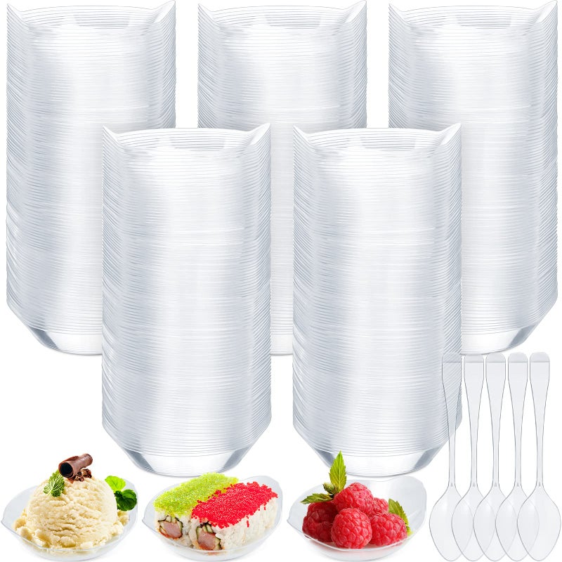 Potchen 600 Pcs Mini Dessert Plates with Tasting Spoons 300 Mini Appetizer Plates Clear Plastic Dessert Containers for Appetizer Small Sample Tasting Cups 300 Disposable Plastic Spoons for Wedding