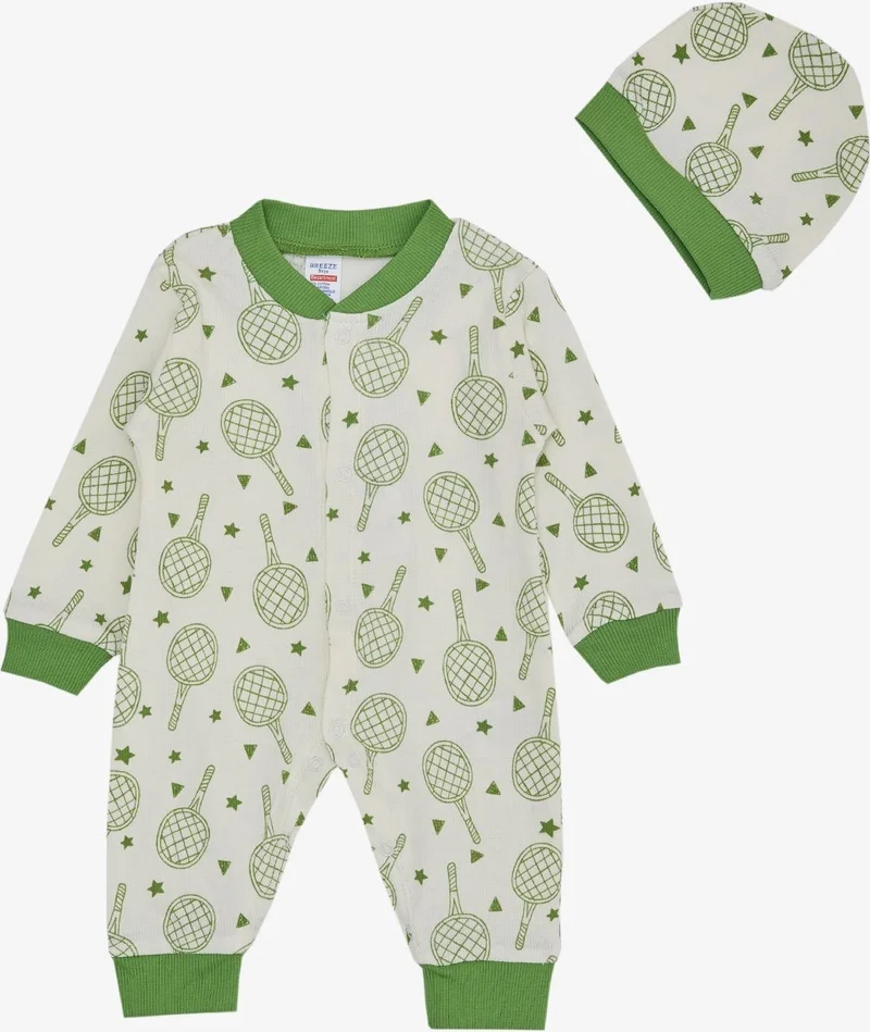 Breeze Baby Boy Jumpsuit Sports Themed Racket Patterned 0-6 Months, Ecru