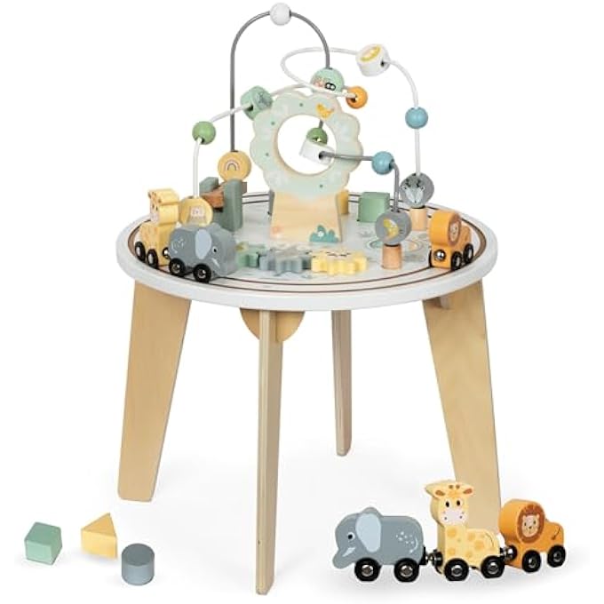 WOODEN EDUCATIONAL TABLE FOR CHILDREN WITH MAGNETIC QUEUE AND BEAD LAUNCHER, SHAPE SORTER, THEME - ANIMALS, MOTOR LOOPS, MIRROR - Image 2