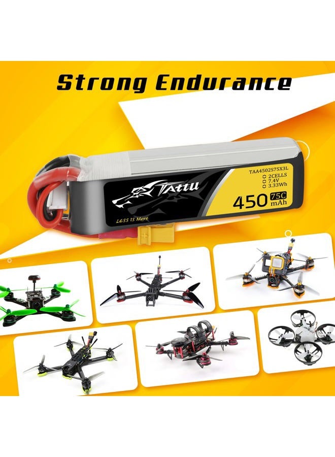 Tattu 4 Packs 450mAh 7.4V 75C 2S LiPo Battery Pack with XT30 Plug - Long Size for H Frame and BETAFPV 2S Whoop - Image 4
