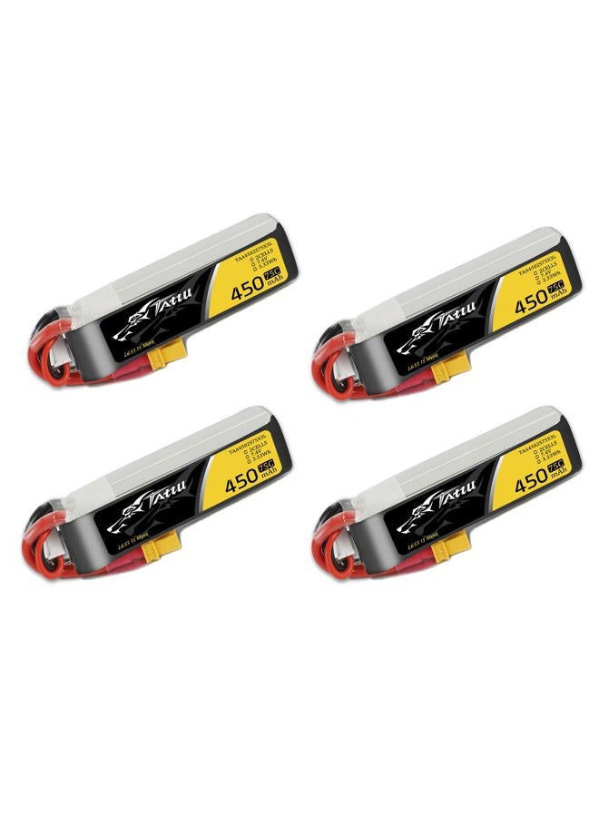 Tattu 4 Packs 450mAh 7.4V 75C 2S LiPo Battery Pack with XT30 Plug - Long Size for H Frame and BETAFPV 2S Whoop - Image 1
