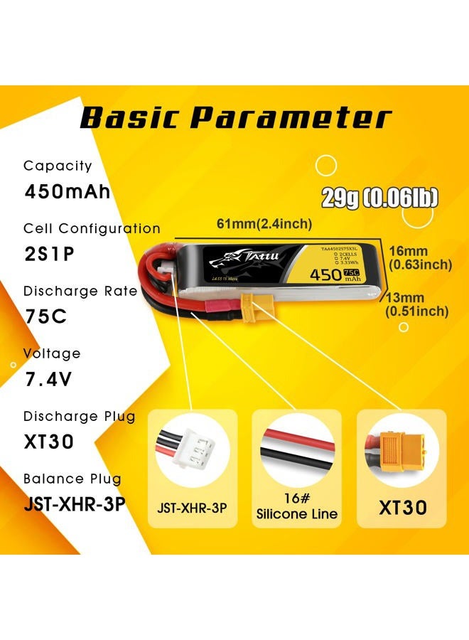 Tattu 4 Packs 450mAh 7.4V 75C 2S LiPo Battery Pack with XT30 Plug - Long Size for H Frame and BETAFPV 2S Whoop - Image 2
