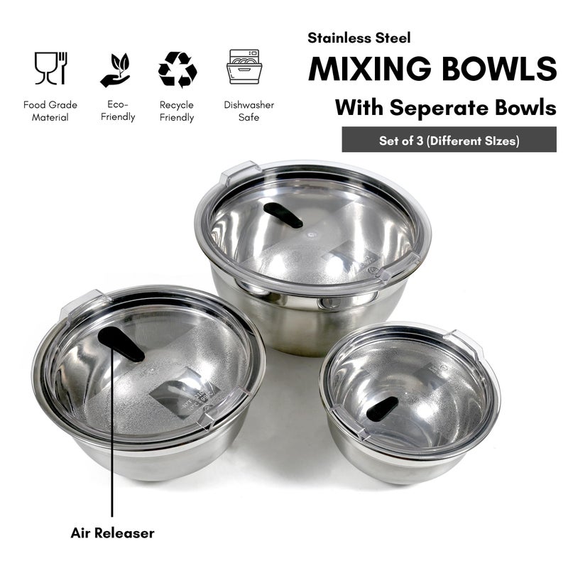 HOME BARGAINS HOME BARGAINS Stainless Steel Mixing Bowls for Kitchen, Serving Bowl with air Tight lid | Food Storage Bowls with BPA Free Food Safe lid Set of 3 (400ml, 1000ml, 1700ml)  - Image 2