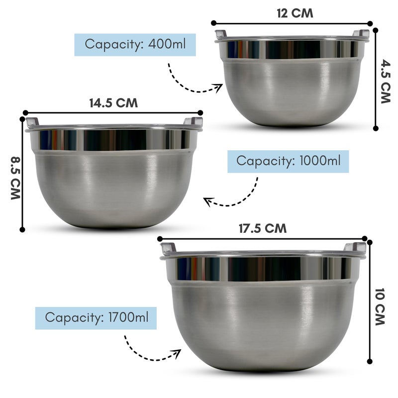 HOME BARGAINS HOME BARGAINS Stainless Steel Mixing Bowls for Kitchen, Serving Bowl with air Tight lid | Food Storage Bowls with BPA Free Food Safe lid Set of 3 (400ml, 1000ml, 1700ml)  - Image 4