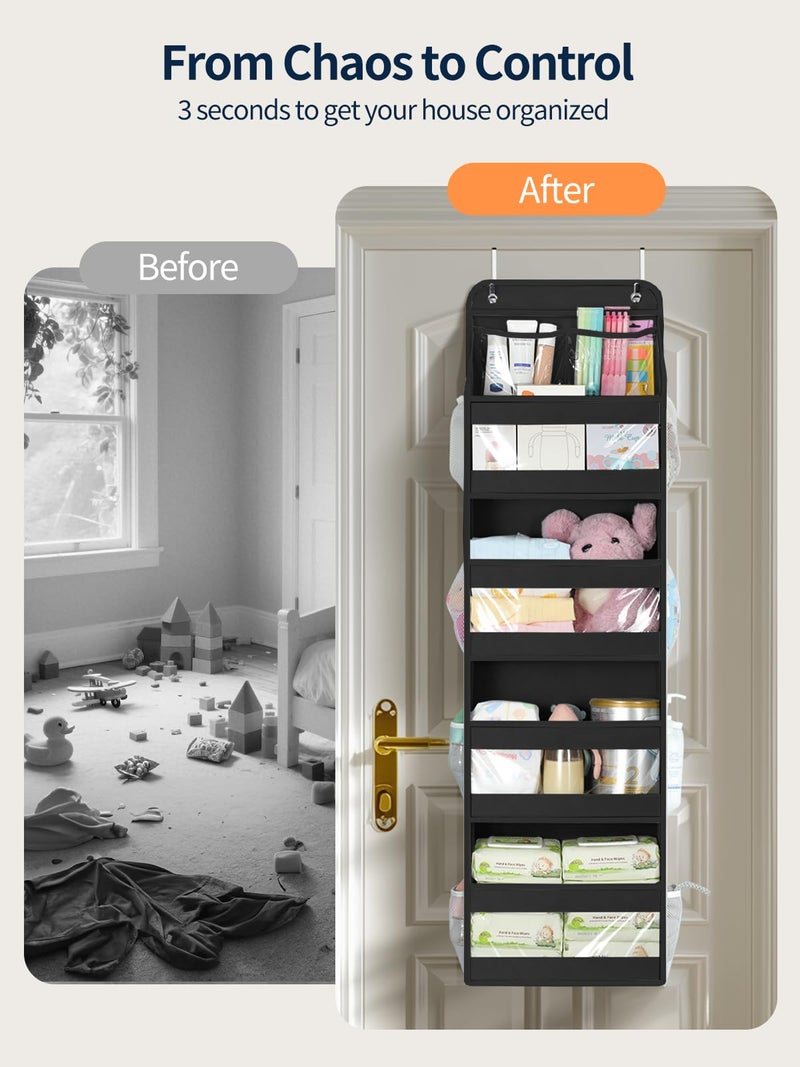 Yecaye 5 Tier 1Pc Over the Door Organizer, Swing-proof Door Organizer Hanging with Clear PVC Windows, Behind the Door Storage for Bedroom Nursery Closet Laundry Pantry Bathroom, Black - Image 2