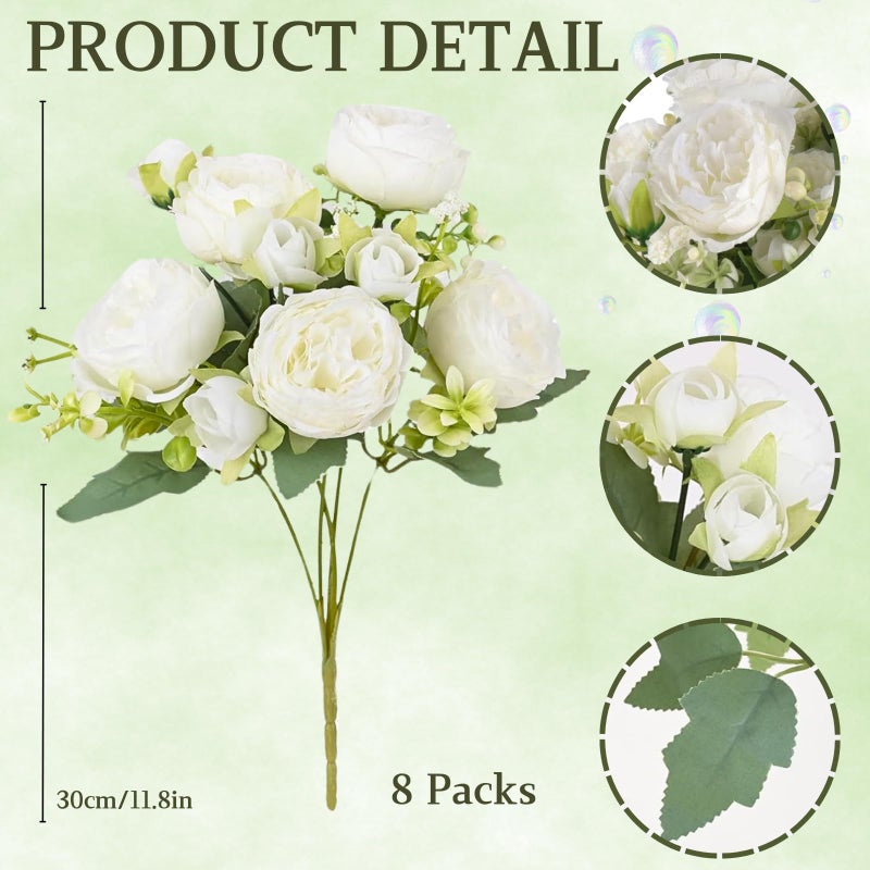 ASTRYAS 8 Packs Peonies Artificial Flowers, White Artificial Peonies, Silk Peonies Flowers Fake Peonies Artificial Flowers Peonies Bouquet for Centerpiece Table Wedding Party Home Decor - Image 2