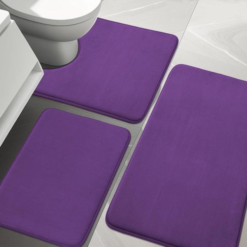YIHOUSE Bath Rug Set, 3 Piece Memory Foam Bath Mats, Non Slip Super Absorbent Soft, Machine Washable for Sink, Tub, Shower and Toilet, Purple - Image 1
