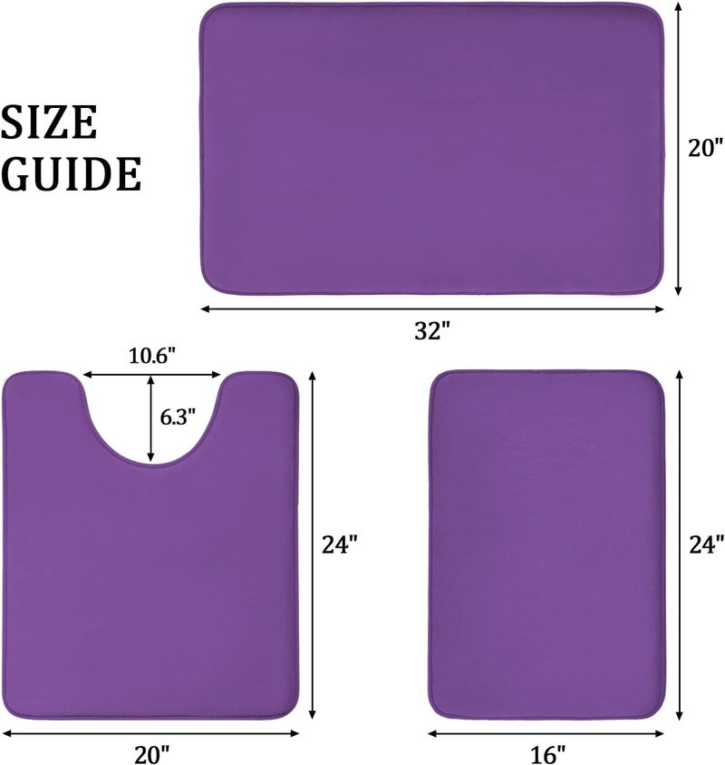YIHOUSE Bath Rug Set, 3 Piece Memory Foam Bath Mats, Non Slip Super Absorbent Soft, Machine Washable for Sink, Tub, Shower and Toilet, Purple - Image 2
