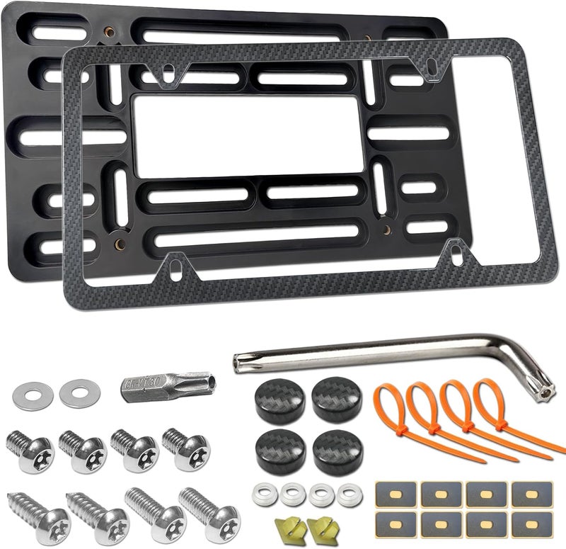 AOOTF Front License Plate Bracket- Universal Front Bumper License Plate Mounting Kit, Car Tag Holder Adapter& Carbon Fiber Plate Cover, Anti-Theft Lock Screws, Caps, Nuts, For US Vehicle Trailer Truck - Image 1