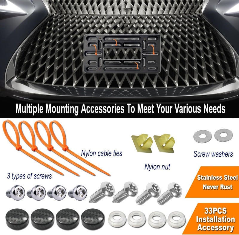 AOOTF Front License Plate Bracket- Universal Front Bumper License Plate Mounting Kit, Car Tag Holder Adapter& Carbon Fiber Plate Cover, Anti-Theft Lock Screws, Caps, Nuts, For US Vehicle Trailer Truck - Image 5