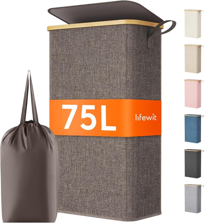 Lifewit 75L Slim Laundry Hamper with Lid, Narrow Laundry Basket with Removable Bag & Bamboo Handles, Fodable Thin Dirty Clothes Hamper for Laundry Collapsible Bin for Bathroom Bedroom Dorm, Brown - Image 1