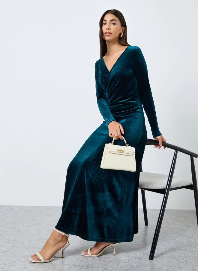 Styli Teal Velvet Look Wrap Front Maxi Evening Dress