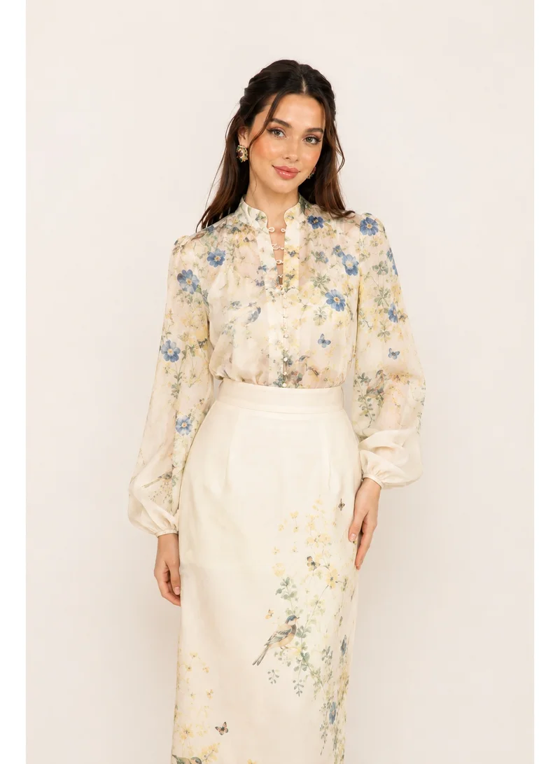 2Trendy Womens Beige Floral and Bird Print Long Sleeve Shirt with Classic Collar and Front Buttons