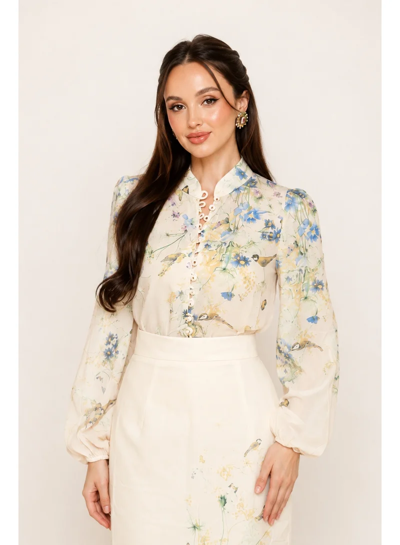 2Trendy Womens Beige Floral and Bird Print Long Sleeve Shirt with Classic Collar and Front Buttons
