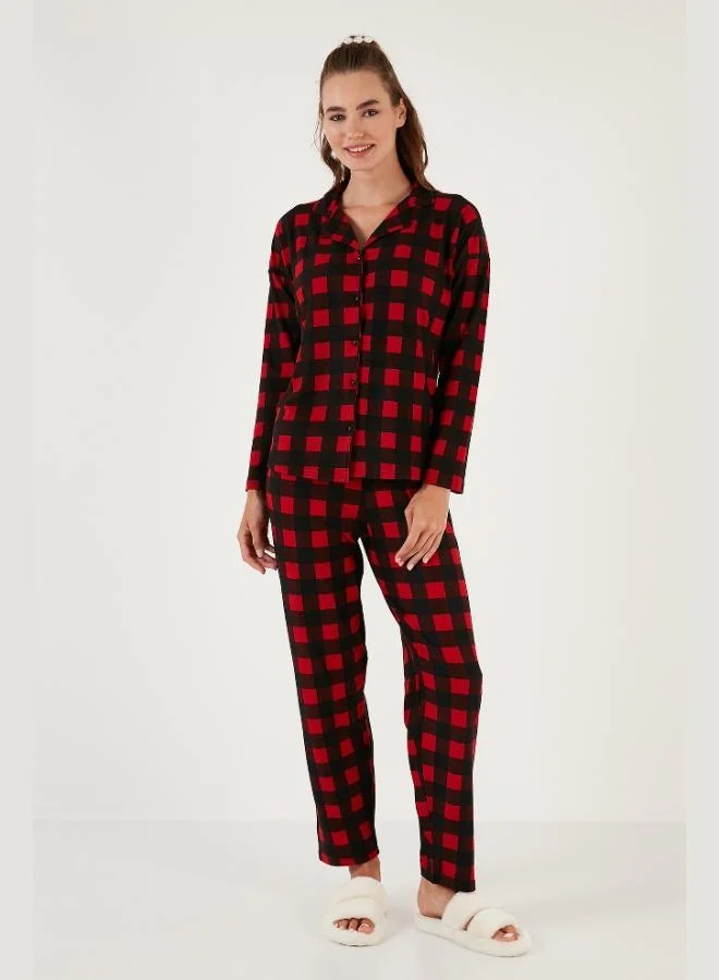 Lela Lela Patterned Elastic Waist Shirt Collar Woven Pajama Set Women's PAJAMA SET 6095660W4
