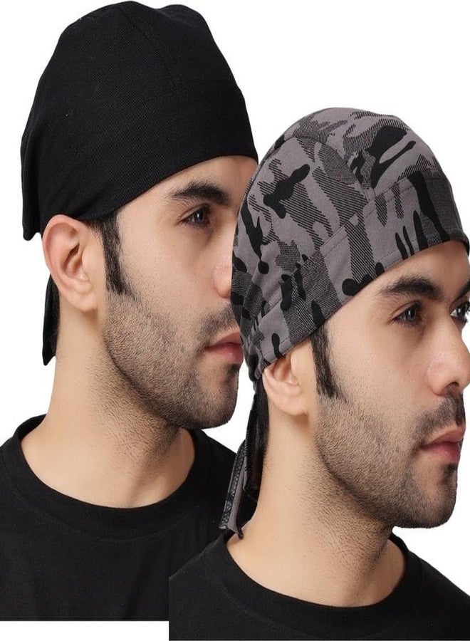 PAROPKAR Army Design & Plain Design Do Rag Skull Cap Beanie Cooling Helmet Cycling Biking Hat Head Bandana Caps for Men Women (Black Two) - Image 1