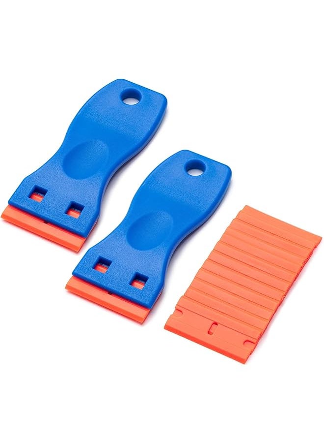 PROMASS 2 Pcs Plastic Razor Blade Scraper and 10 Pcs Blades, Remove Label Decal Tool,Forwithout Scratches Plastic Razor Blade Scraper, Adhesive Remover for Kitchen Appliances,Stickers and Paints on Window  - Image 1