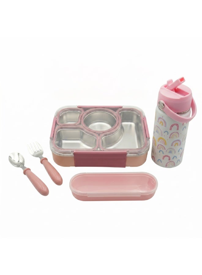 Beram Kids Office Lunch Combo Set Stainless Steel Thermal Water Bottle 500ml 4 Compartment Bento Lunch Box Kids Spoon Fork Cutlery Set BPA Free Leakproof - Image 1