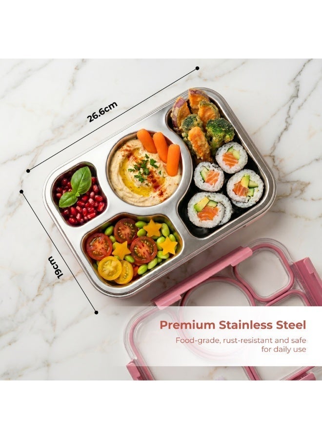 Beram Kids Office Lunch Combo Set Stainless Steel Thermal Water Bottle 500ml 4 Compartment Bento Lunch Box Kids Spoon Fork Cutlery Set BPA Free Leakproof - Image 2