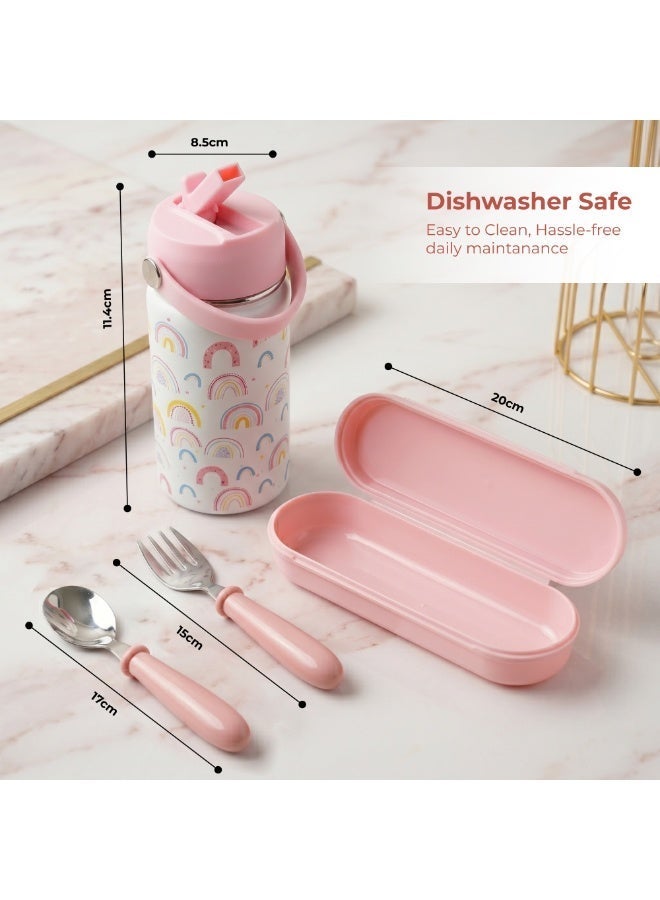 Beram Kids Office Lunch Combo Set Stainless Steel Thermal Water Bottle 500ml 4 Compartment Bento Lunch Box Kids Spoon Fork Cutlery Set BPA Free Leakproof - Image 3