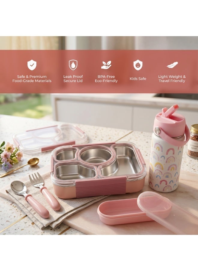 Beram Kids Office Lunch Combo Set Stainless Steel Thermal Water Bottle 500ml 4 Compartment Bento Lunch Box Kids Spoon Fork Cutlery Set BPA Free Leakproof - Image 4