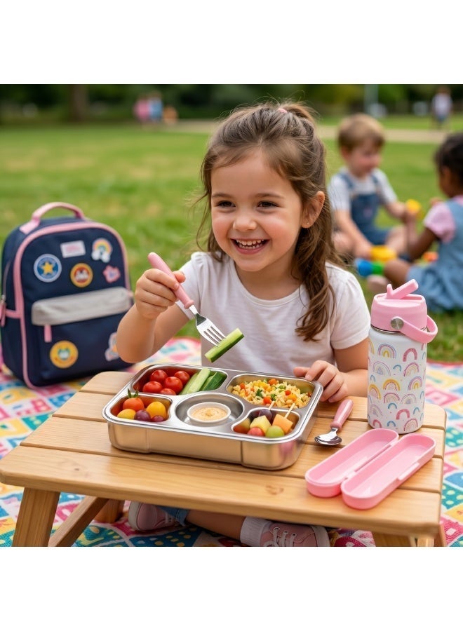 Beram Kids Office Lunch Combo Set Stainless Steel Thermal Water Bottle 500ml 4 Compartment Bento Lunch Box Kids Spoon Fork Cutlery Set BPA Free Leakproof - Image 5