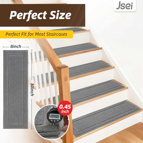JSEI Non-Slip Stair Treads for Wooden Steps Indoor, 15 Pack 8" X 30" Edging Stair Rugs with TPE Backing, Carpet Stair Treads for Kids Elders & Pets, 100% Polyester Soft Stair Runners, Light Grey - Image 2