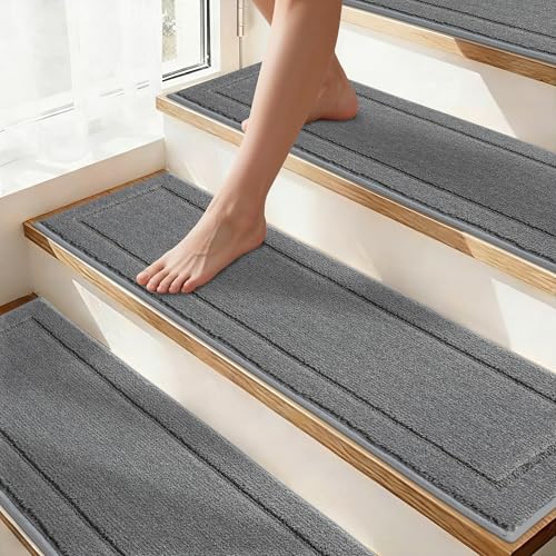JSEI Non-Slip Stair Treads for Wooden Steps Indoor, 15 Pack 8" X 30" Edging Stair Rugs with TPE Backing, Carpet Stair Treads for Kids Elders & Pets, 100% Polyester Soft Stair Runners, Light Grey - Image 1