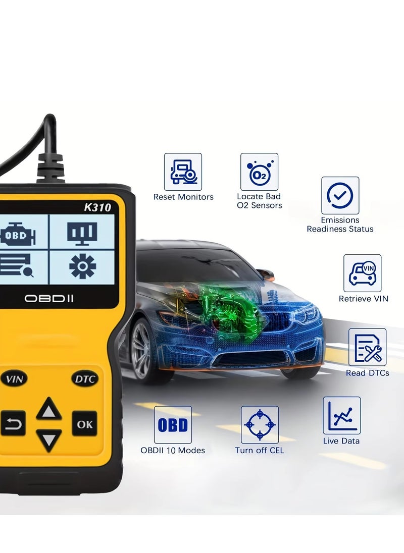 Car Trouble Code Reader OBD2 Scanner Engine Diagnostics K310 Car Accessories Parts Repair Tools Car Vehicle Engine Trouble Diagnostic Code Scanner Tool for All Cars (Yellow)