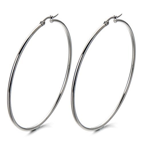 COOLSTEELANDBEYOND Pair Large Stainless Steel Plain Circle Huggie Hinged Hoop Earrings for Women Silver Color - Image 1