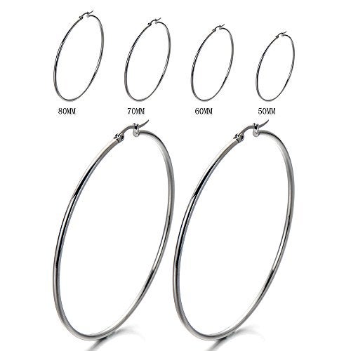 COOLSTEELANDBEYOND Pair Large Stainless Steel Plain Circle Huggie Hinged Hoop Earrings for Women Silver Color - Image 2