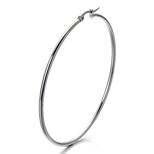 COOLSTEELANDBEYOND Pair Large Stainless Steel Plain Circle Huggie Hinged Hoop Earrings for Women Silver Color - Image 3