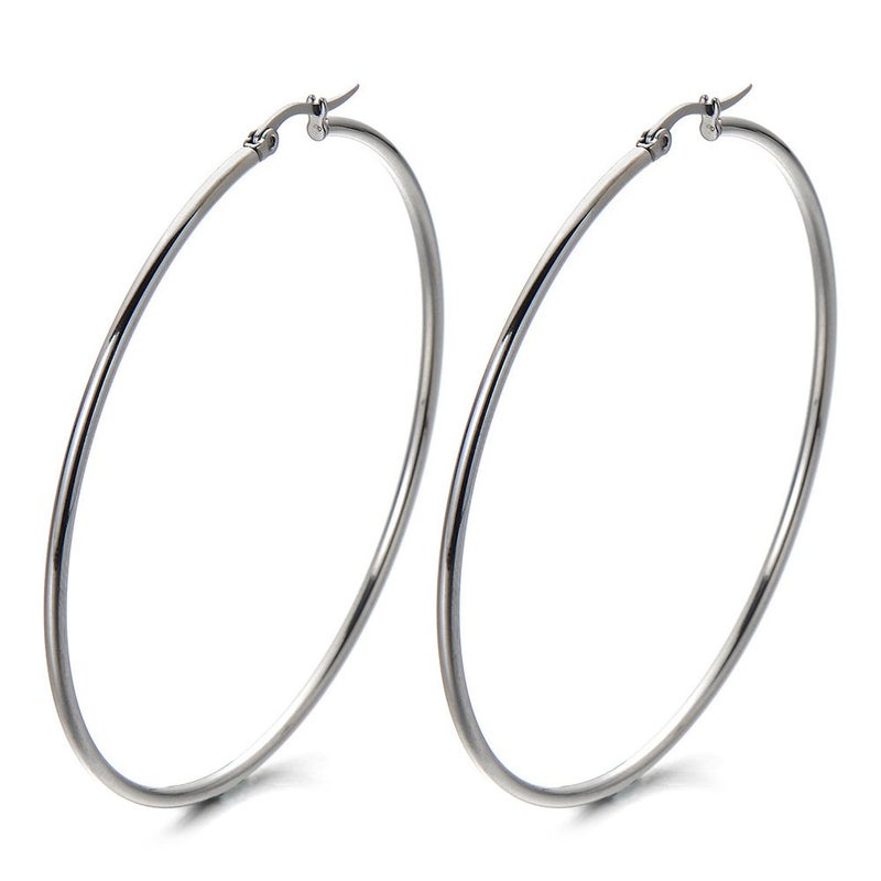 COOLSTEELANDBEYOND Pair Large Stainless Steel Plain Circle Huggie Hinged Hoop Earrings for Women Silver Color - Image 4
