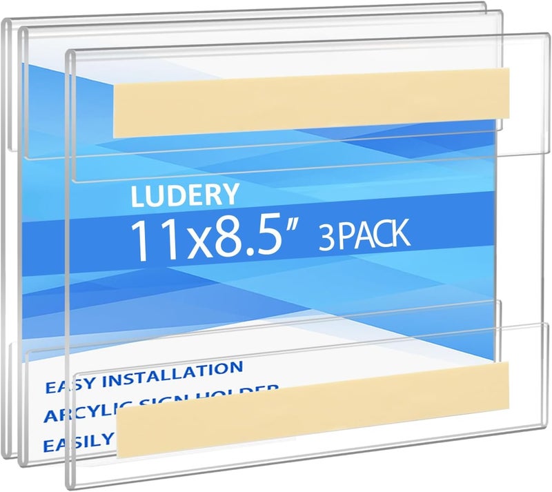Ludery Acrylic Sign Holder 8.5 x 11 Wall Mount,Sign Holder Clear Plastic Picture Frames with Double Sided Tape for Office, Home, Store, Restaurant - Landscape(3 Pack) - Image 1