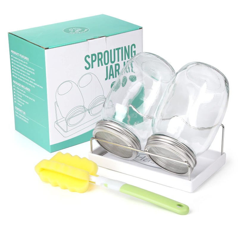 HASWE Seed Sprouting Jar Kit | 2 Wide Mouth Mason Jars & Stainless Steel Screen Lids,Tray,Stand and Canning Brush | Sprouter Set to Grow Broccoli, Alfalfa,Organic Microgreens Sprouts & Mung Bean (Black) - Image 1