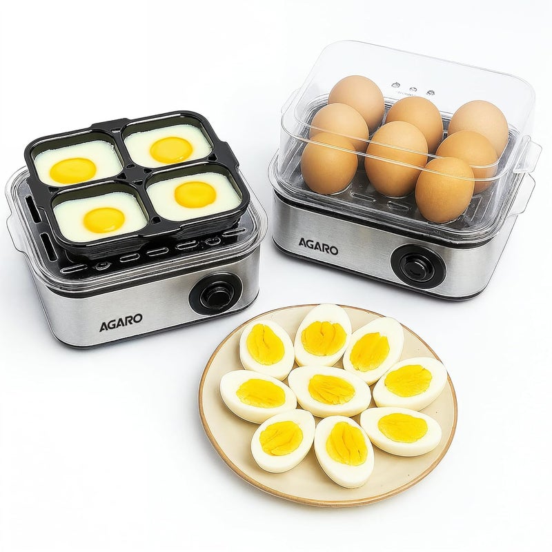 AGARO Grand Egg Boiler And Poacher, 2-in1 Boils 8 Eggs, Poach 4 Eggs, Steamed Vegetables, 3 Boiling Types, Stainless Steel Body, Transparent Lid, 500W, Silver - Image 1