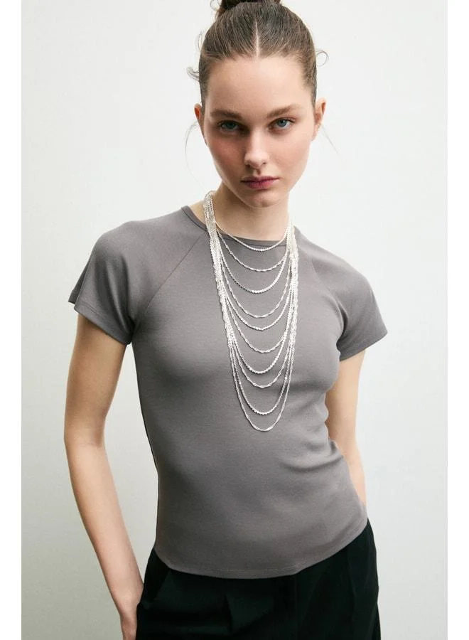 GRIMELANGE ARTPO Women's Soft and Stretch Fabric Bicycle Collar Slim Fit Grey T-Shirt.