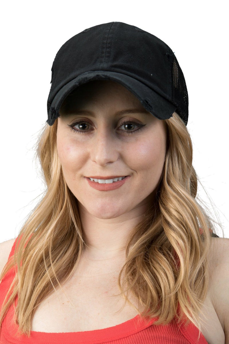 Funky Junque Distressed Trucker Hat for Women â€“ Vintage Low Profile Mesh Back Baseball Cap, Adjustable Fit Dad Hat Style - Black Camo/Beige Mesh - Image 5