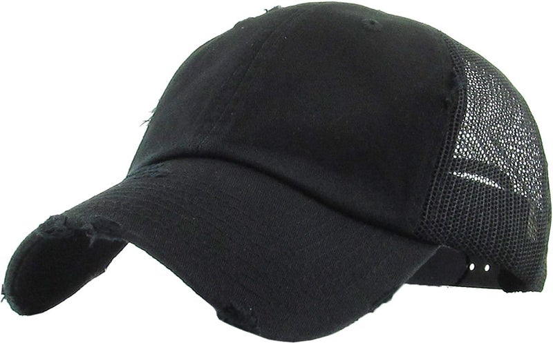 Funky Junque Distressed Trucker Hat for Women â€“ Vintage Low Profile Mesh Back Baseball Cap, Adjustable Fit Dad Hat Style - Black Camo/Beige Mesh - Image 1