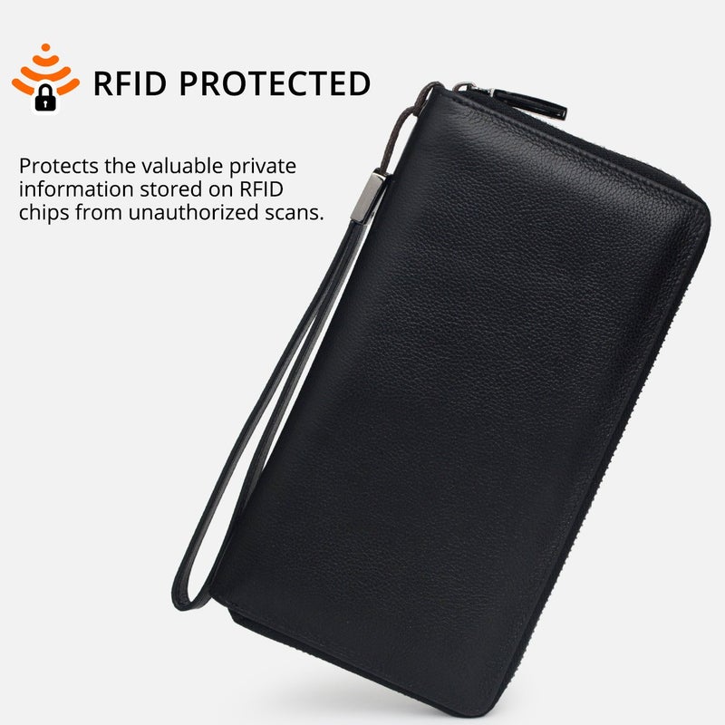 Bveyzi Women RFID Blocking Wallet Leather Zip Around Phone Clutch Large Capacity Ladies Travel Purse Wristlet (Black) - Image 5
