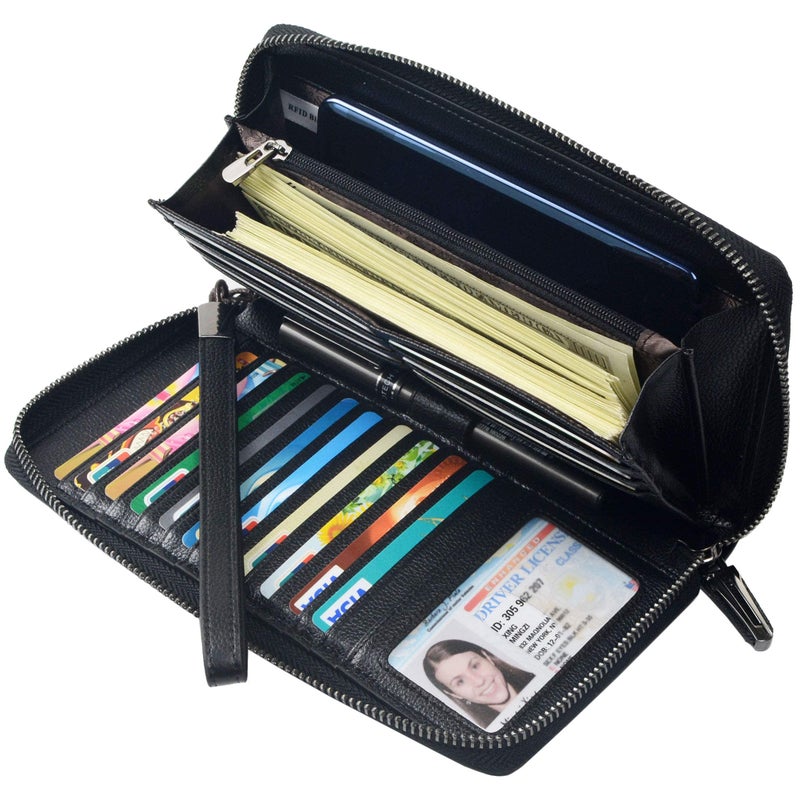 Bveyzi Women RFID Blocking Wallet Leather Zip Around Phone Clutch Large Capacity Ladies Travel Purse Wristlet (Black) - Image 2