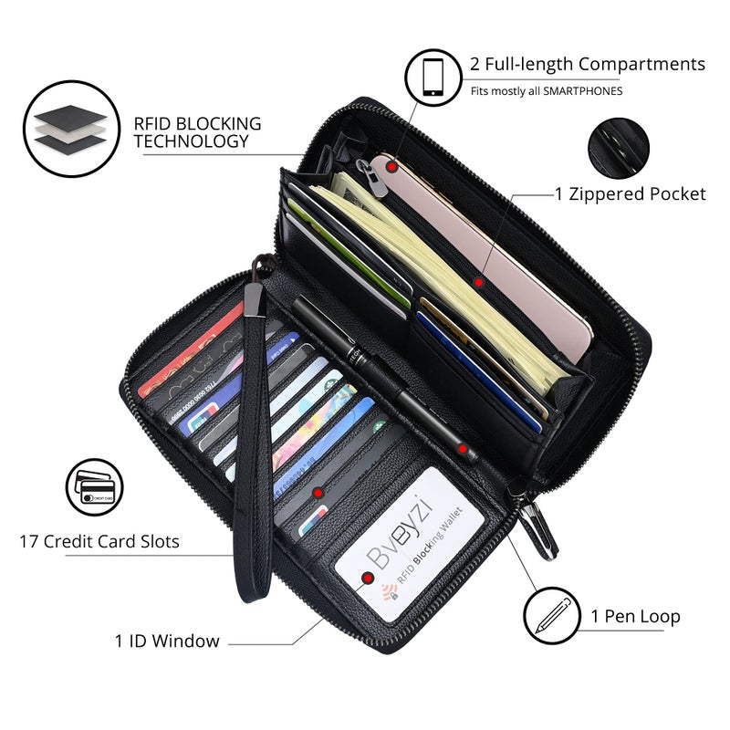 Bveyzi Women RFID Blocking Wallet Leather Zip Around Phone Clutch Large Capacity Ladies Travel Purse Wristlet (Black) - Image 3