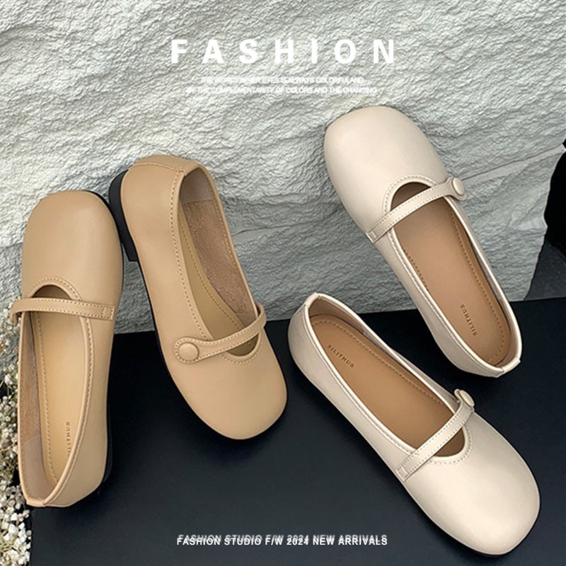 Lambskin Caramel Cheese Korean Style Girls' Flat Mary Jane Shoes Shallow Mouth Single Shoes Grandma Shoes Commuting Retro - Image 2