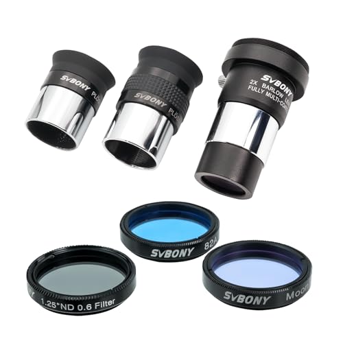 SVBONY SV233 7Piece Eyepiece Filter Accessory Kit Includes Two 125 Eyepieces 2X Barlow Lens Three Filters and Hard Case Black Telescope Eyepiece Set for Beginner Astronomical Observations - Image 1