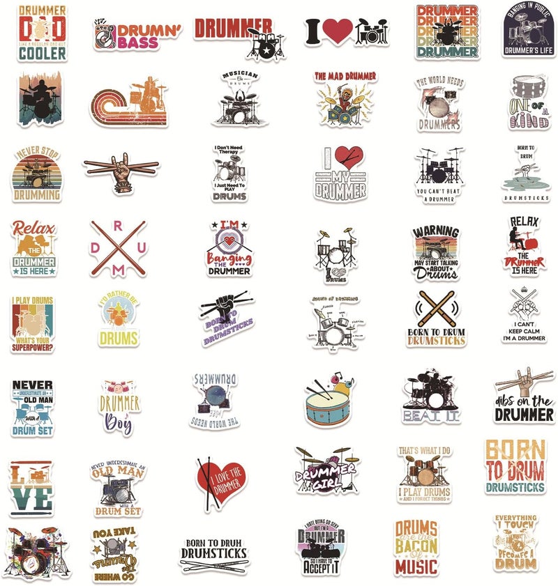 AUCEKO Pack of 50 Shelves Drums Stickers Pack Drum Kit Sticker Set Waterproof Vinyl Stickers for Laptop Children Cars Motorcycle Bicycle Skateboard Luggage Suitcase Computer Sticker Graffiti Decal - Image 4