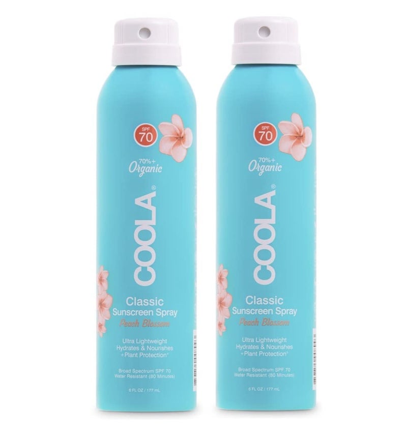 COOLA Organic Sunscreen SPF 70 Sunblock Spray, Dermatologist Tested Skin Care for Daily Protection, Vegan and Gluten Free, Peach Blossom, 6 Fl Oz, 2 Pack - Image 1