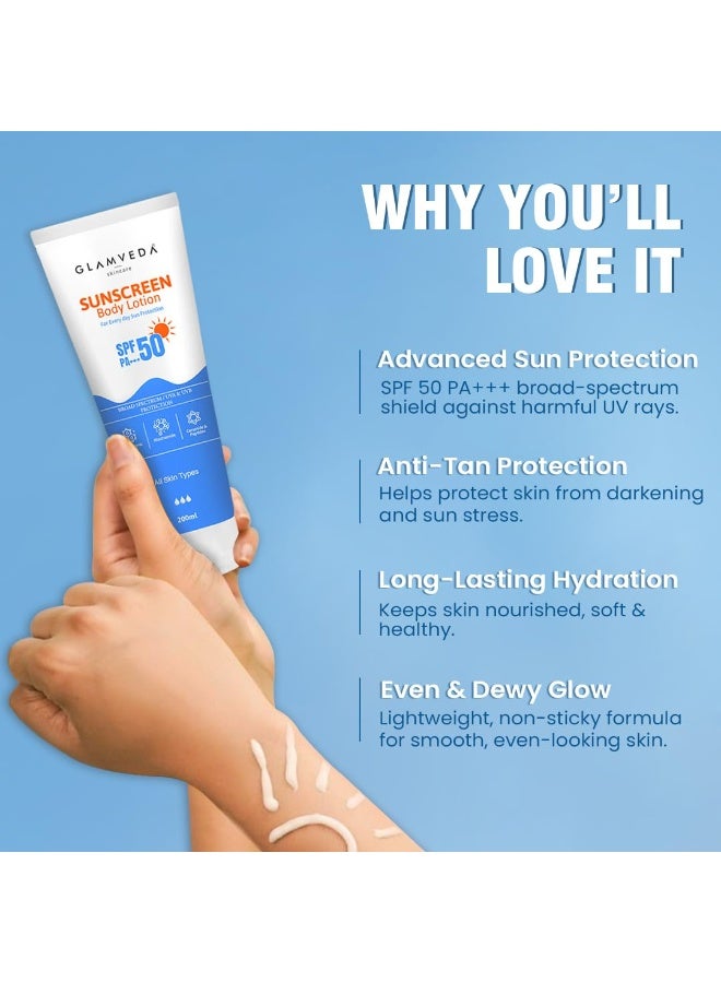 Glamveda Sunscreen Body Lotion SPF 50 PA+++, Broad Spectrum UVA/UVB Protection, Hydrating & Brightening with Hyaluronic Acid, Niacinamide, Ceramide, Peptide, For Men & Women – 200 ml - Image 2