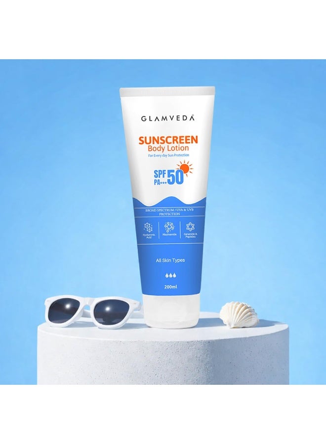 Glamveda Sunscreen Body Lotion SPF 50 PA+++, Broad Spectrum UVA/UVB Protection, Hydrating & Brightening with Hyaluronic Acid, Niacinamide, Ceramide, Peptide, For Men & Women – 200 ml - Image 1